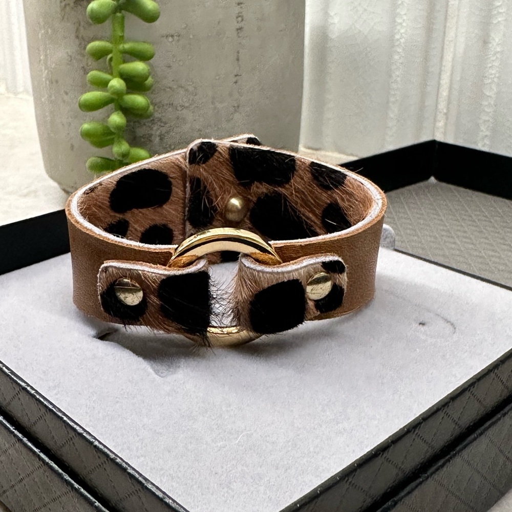 Genuine Leather & Leopard Reversable Bracelet with Gold Brass Accent